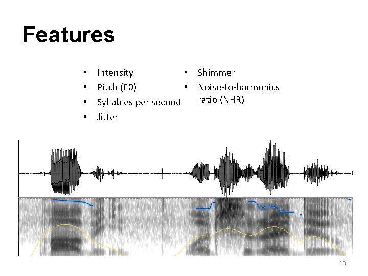 Features • • Intensity • Shimmer Pitch (F 0) • Noise-to-harmonics ratio (NHR) Syllables