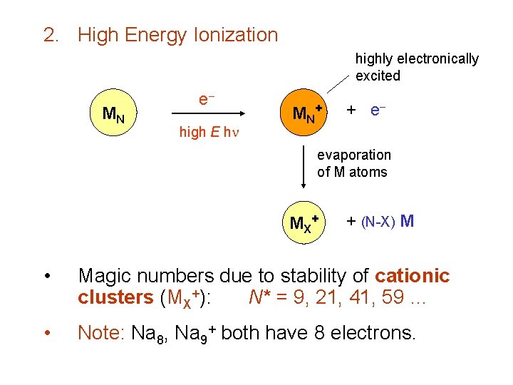 2. High Energy Ionization highly electronically excited MN e high E h MN +