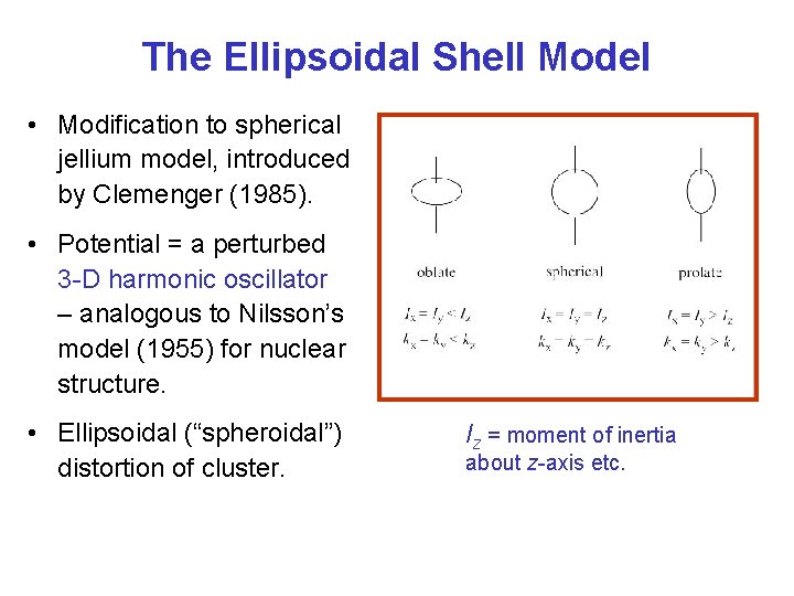 The Ellipsoidal Shell Model • Modification to spherical jellium model, introduced by Clemenger (1985).
