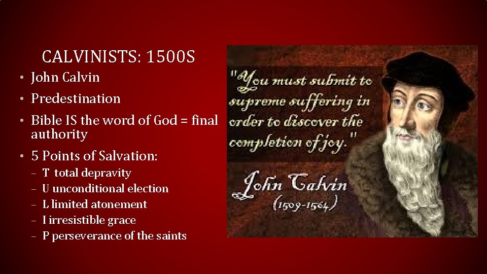 CALVINISTS: 1500 S • John Calvin • Predestination • Bible IS the word of