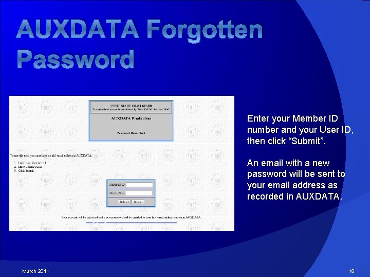 AUXDATA Forgotten Password Enter your Member ID number and your User ID, then click