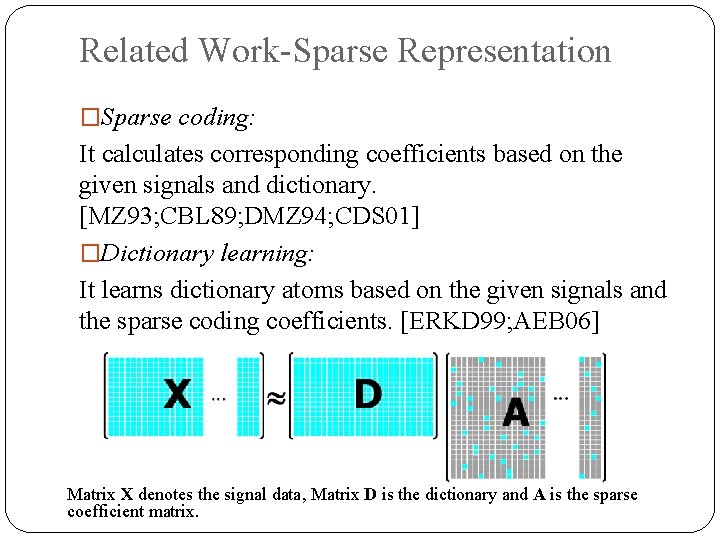 Related Work-Sparse Representation �Sparse coding: It calculates corresponding coefficients based on the given signals