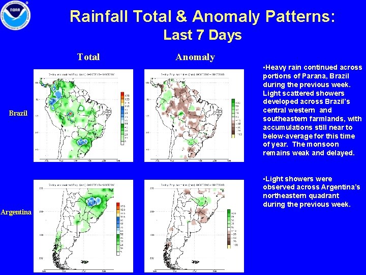 Rainfall Total & Anomaly Patterns: Last 7 Days Total Brazil Anomaly • Heavy rain