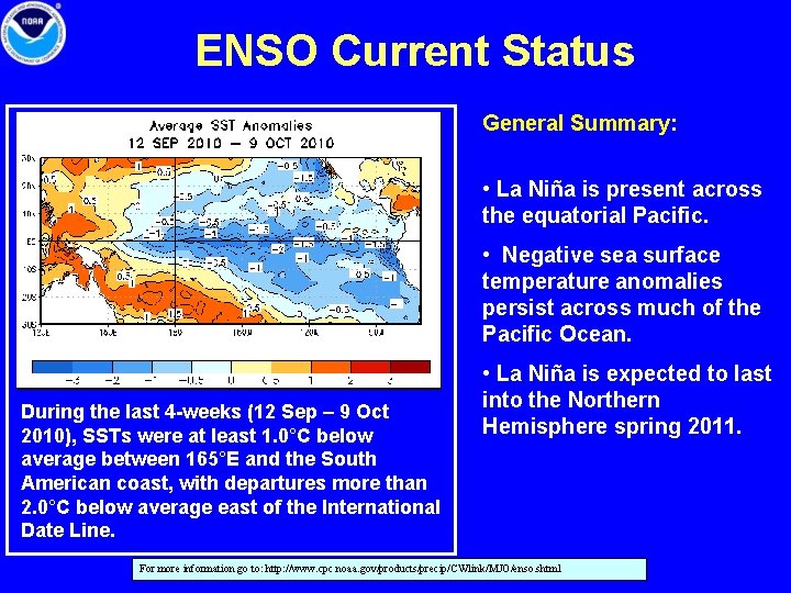 ENSO Current Status General Summary: • La Niña is present across the equatorial Pacific.