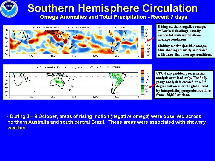 Southern Hemisphere Circulation Omega Anomalies and Total Precipitation - Recent 7 days Rising motion