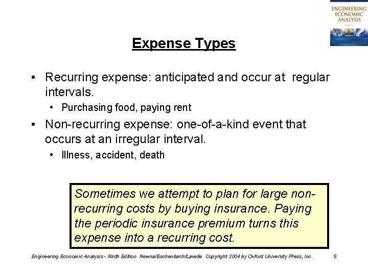 Expense Types • Recurring expense: anticipated and occur at regular intervals. • Purchasing food,