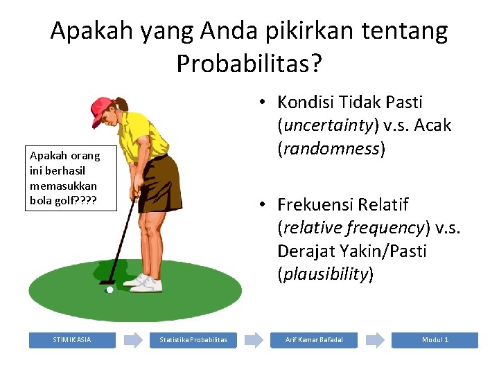 Apakah yang Anda pikirkan tentang Probabilitas? • Kondisi Tidak Pasti (uncertainty) v. s. Acak