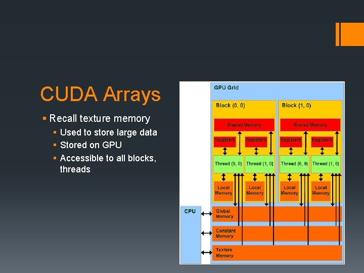 CUDA Arrays § Recall texture memory § Used to store large data § Stored