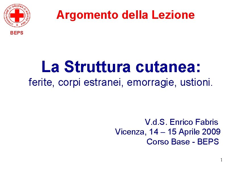 Argomento della Lezione BEPS La Struttura cutanea: ferite, corpi estranei, emorragie, ustioni. V. d.