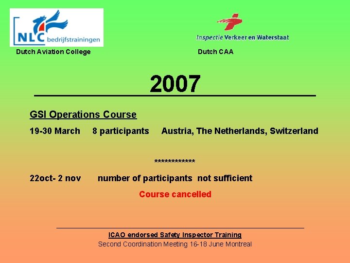 Dutch Aviation College Dutch CAA 2007 GSI Operations Course 19 -30 March 8 participants