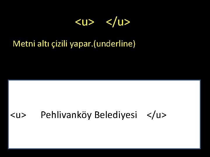 <u> </u> Metni altı çizili yapar. (underline) <u> Pehlivanköy Belediyesi </u> <u> </u> Metni altı çizili yapar. (underline) <u> Pehlivanköy Belediyesi </u>