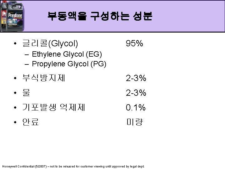부동액을 구성하는 성분 • 글리콜(Glycol) 95% – Ethylene Glycol (EG) – Propylene Glycol (PG)