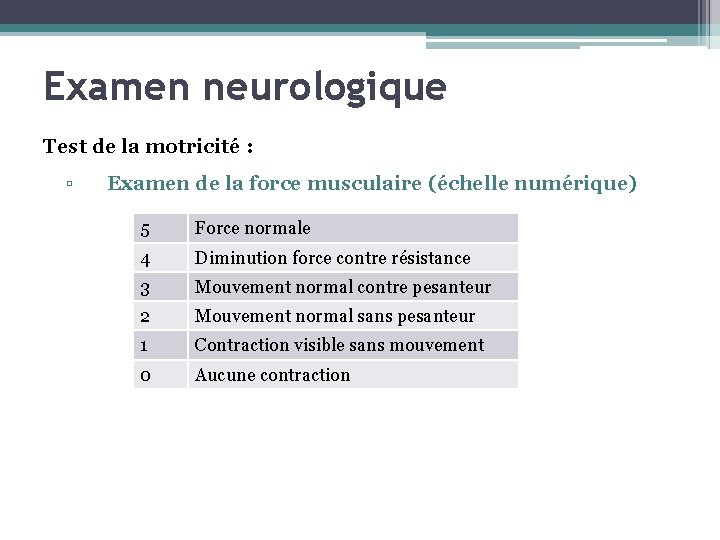 Examen neurologique Test de la motricité : ▫ Examen de la force musculaire (échelle
