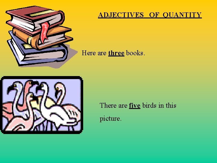 ADJECTIVES OF QUANTITY Here are three books. There are five birds in this picture.