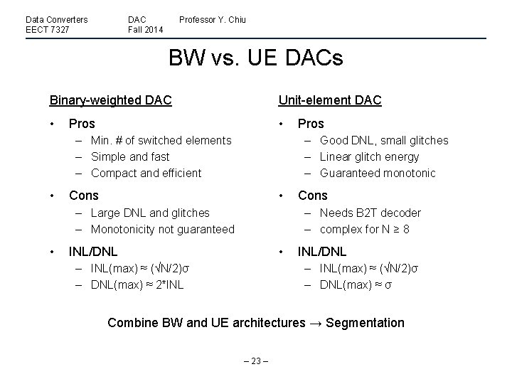 Data Converters EECT 7327 DAC Fall 2014 Professor Y. Chiu BW vs. UE DACs