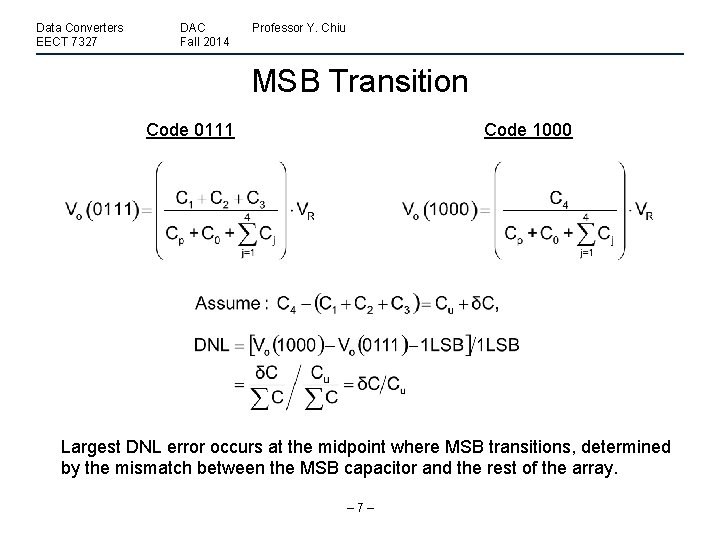 Data Converters EECT 7327 DAC Fall 2014 Professor Y. Chiu MSB Transition Code 1000