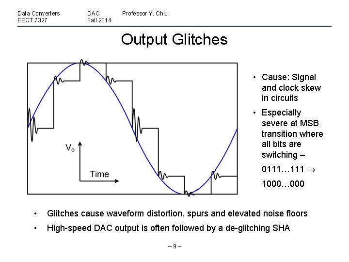 Data Converters EECT 7327 DAC Fall 2014 Professor Y. Chiu Output Glitches • Cause: