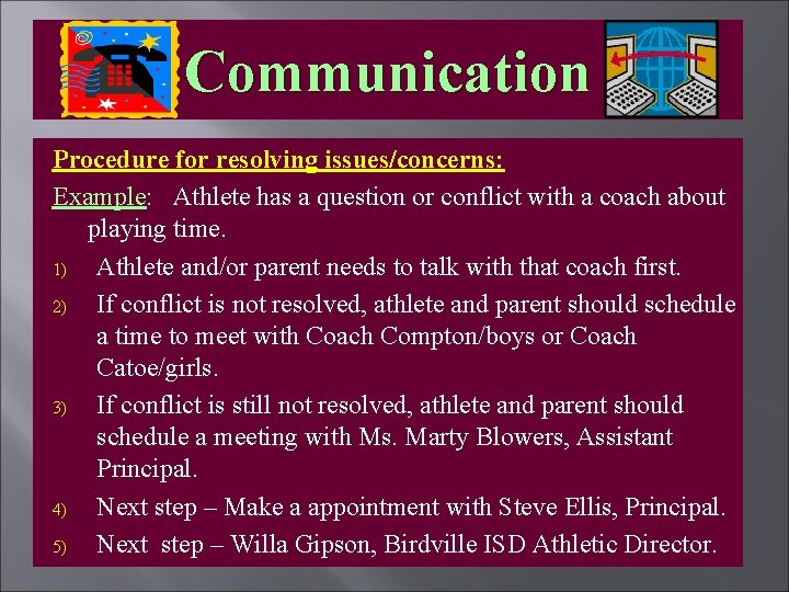 Communication Procedure for resolving issues/concerns: Example: Athlete has a question or conflict with a
