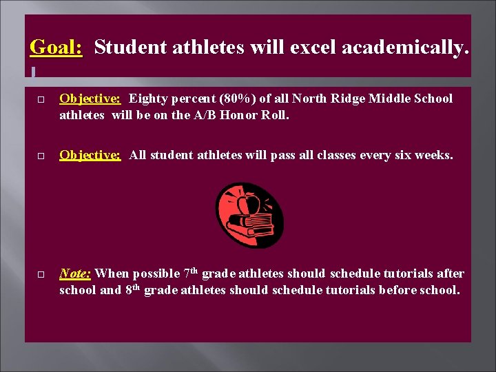 Goal: Student athletes will excel academically. Objective: Eighty percent (80%) of all North Ridge