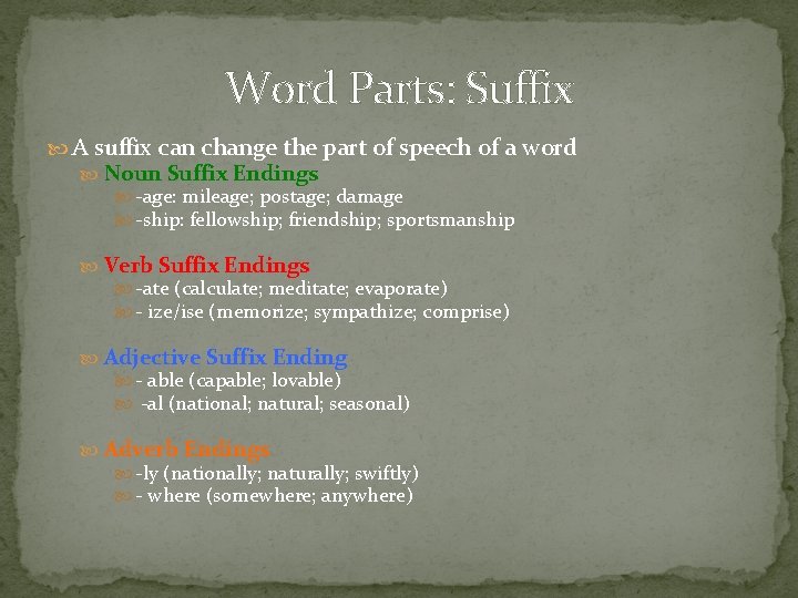 Word Parts: Suffix A suffix can change the part of speech of a word Word Parts: Suffix A suffix can change the part of speech of a word