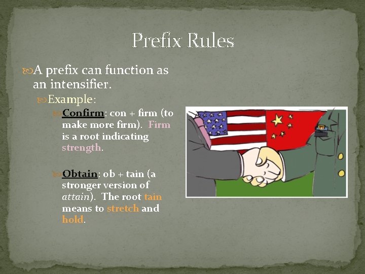 Prefix Rules A prefix can function as an intensifier. Example: Confirm: con + firm Prefix Rules A prefix can function as an intensifier. Example: Confirm: con + firm