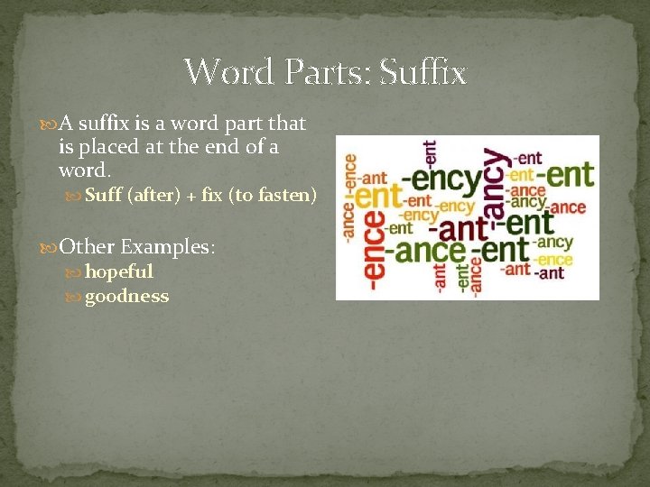 Word Parts: Suffix A suffix is a word part that is placed at the Word Parts: Suffix A suffix is a word part that is placed at the