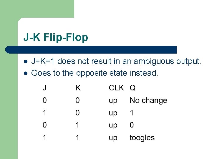 J-K Flip-Flop l l J=K=1 does not result in an ambiguous output. Goes to