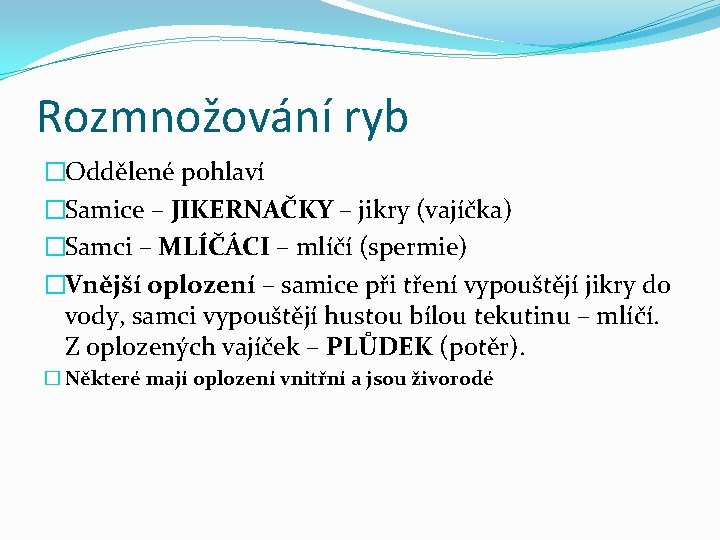 Rozmnožování ryb �Oddělené pohlaví �Samice – JIKERNAČKY – jikry (vajíčka) �Samci – MLÍČÁCI –