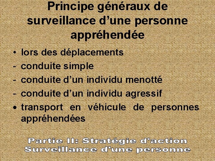 Principe généraux de surveillance d’une personne appréhendée • lors des déplacements conduite simple conduite