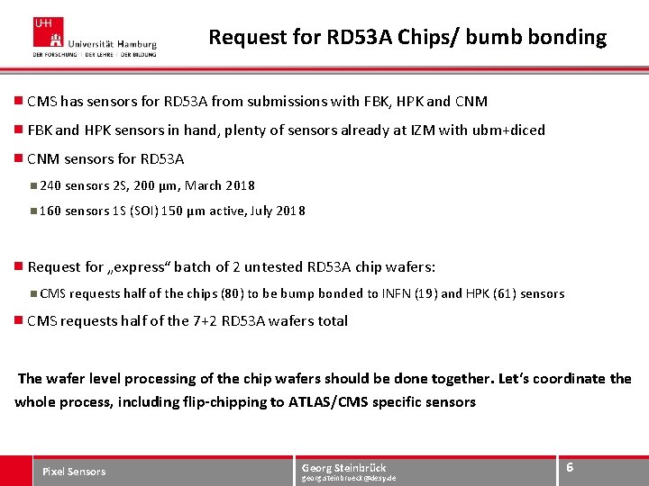 Request for RD 53 A Chips/ bumb bonding CMS has sensors for RD 53