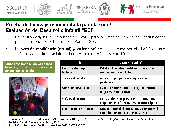 Prueba de tamizaje recomendada para México 1: Evaluación del Desarrollo Infantil “EDI” • La