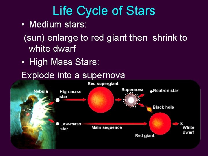 Life Cycle of Stars • Medium stars: (sun) enlarge to red giant then shrink