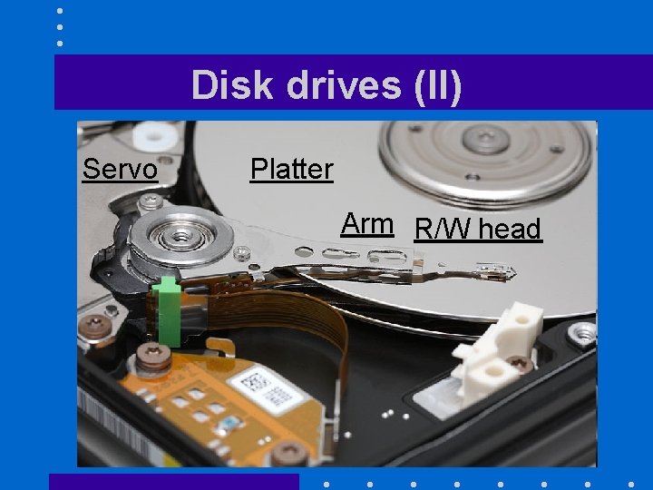 Disk drives (II) Servo Platter Arm R/W head 