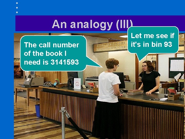 An analogy (III) The call number of the book I need is 3141593 Let