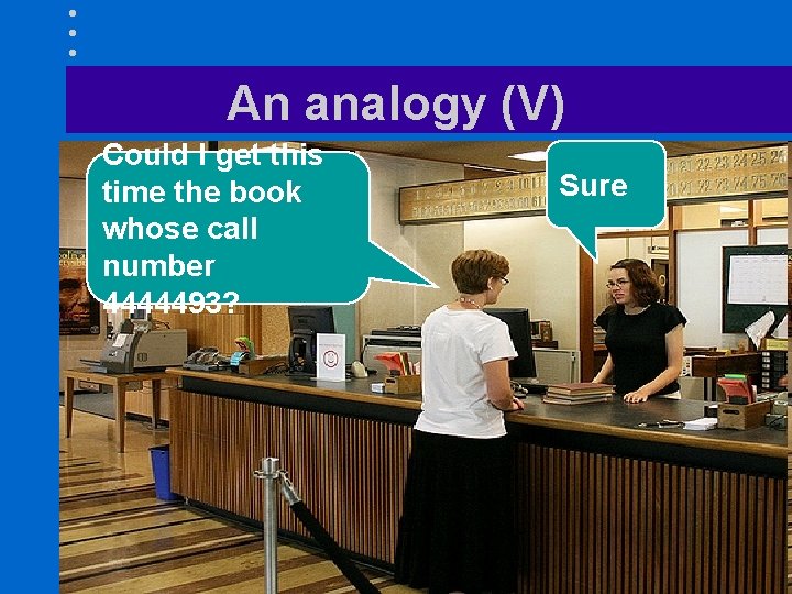 An analogy (V) Could I get this time the book whose call number 4444493? An analogy (V) Could I get this time the book whose call number 4444493?