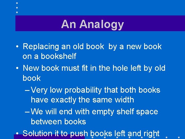 An Analogy • Replacing an old book by a new book on a bookshelf