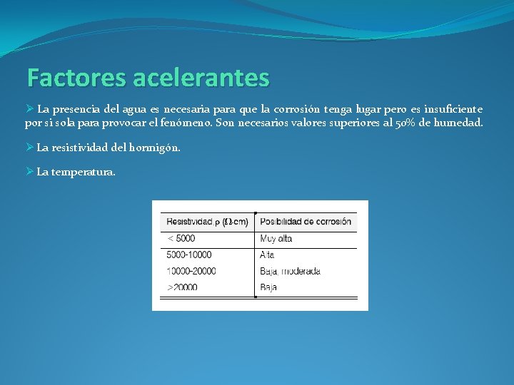 Factores acelerantes Ø La presencia del agua es necesaria para que la corrosión tenga