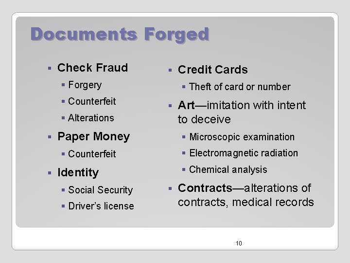 Documents Forged § Check Fraud § § Forgery § Counterfeit § Theft of card
