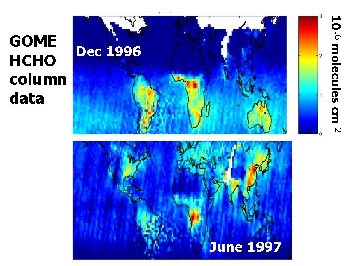 1016 molecules cm-2 GOME Dec 1996 HCHO column data June 1997 