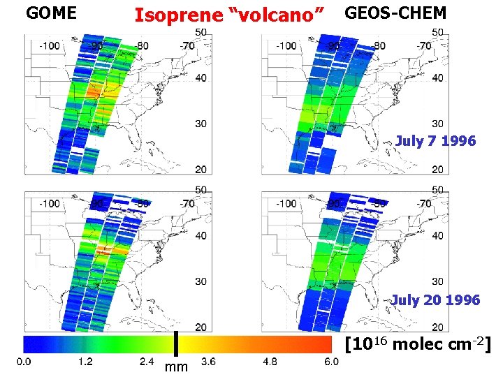 GOME Isoprene “volcano” GEOS-CHEM July 7 1996 July 20 1996 [1016 molec cm-2] mm