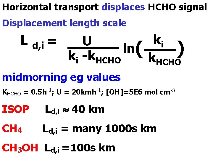 Horizontal transport displaces HCHO signal Displacement length scale L d, i = ki U