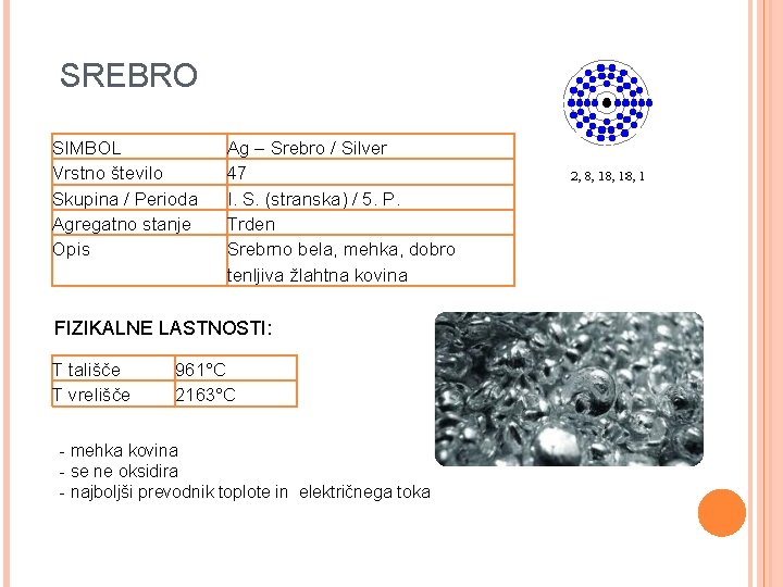 SREBRO SIMBOL Ag – Srebro / Silver Vrstno število 47 Skupina / Perioda I.