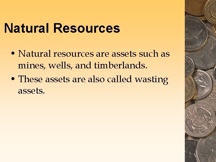 Natural Resources • Natural resources are assets such as mines, wells, and timberlands. •