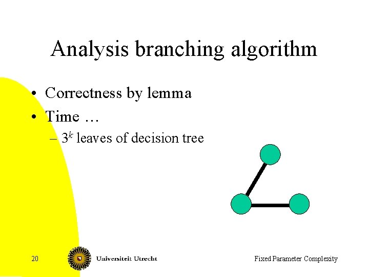 Analysis branching algorithm • Correctness by lemma • Time … – 3 k leaves