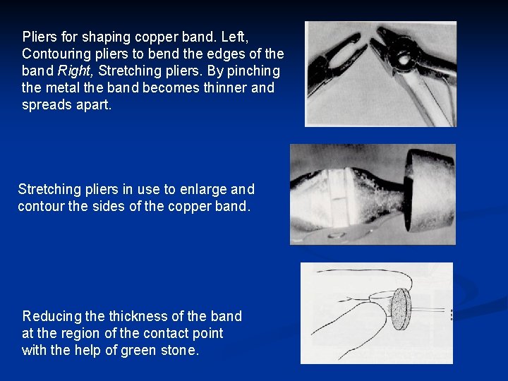 Pliers for shaping copper band. Left, Contouring pliers to bend the edges of the