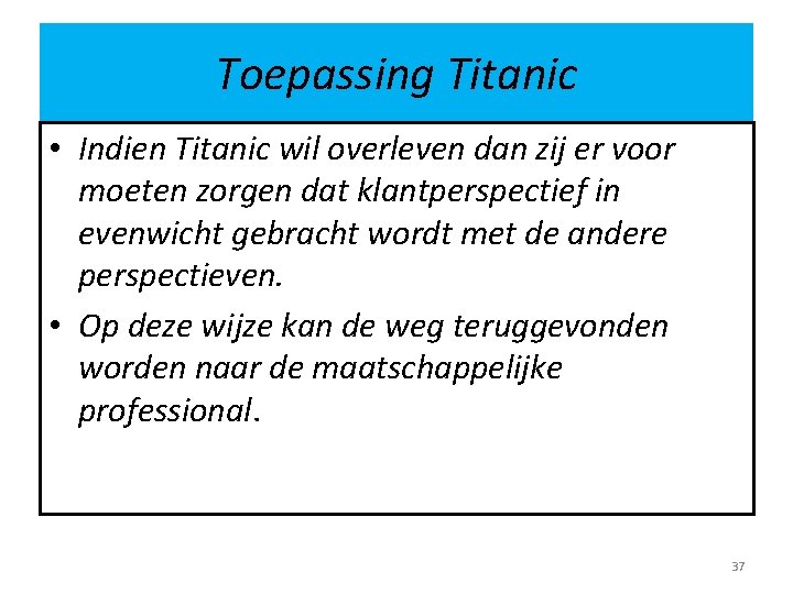 Toepassing Titanic • Indien Titanic wil overleven dan zij er voor moeten zorgen dat