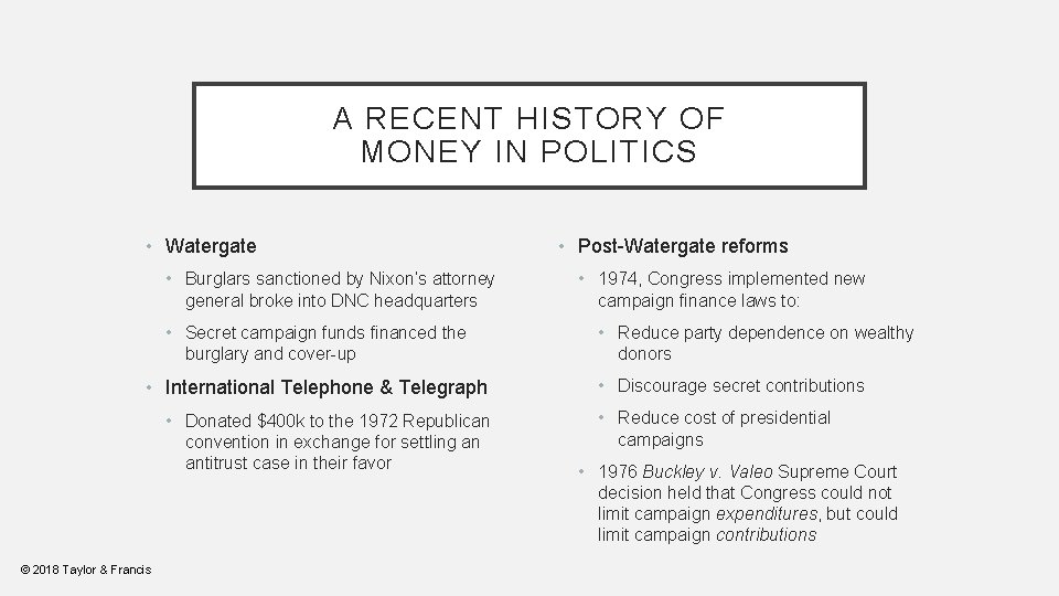 A RECENT HISTORY OF MONEY IN POLITICS • Watergate • Burglars sanctioned by Nixon’s