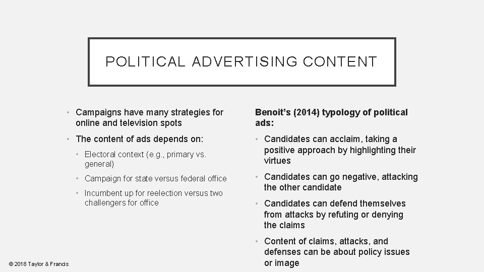 POLITICAL ADVERTISING CONTENT • Campaigns have many strategies for online and television spots Benoit’s