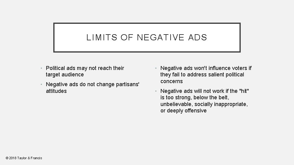 LIMITS OF NEGATIVE ADS • Political ads may not reach their target audience •
