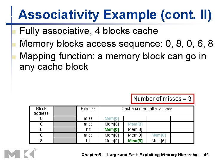 Associativity Example (cont. II) n n n Fully associative, 4 blocks cache Memory blocks Associativity Example (cont. II) n n n Fully associative, 4 blocks cache Memory blocks